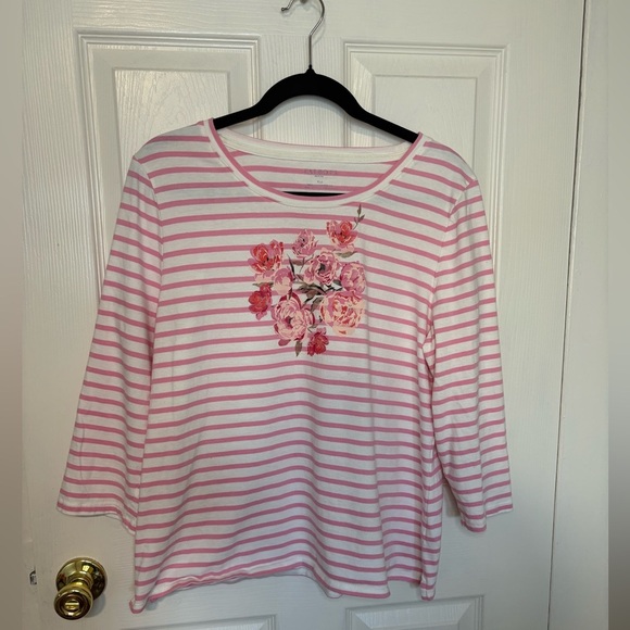 Talbots Scoop Neck Tee in Peony Stripe | White & Pink | Women’s XLP - Picture 2 of 10